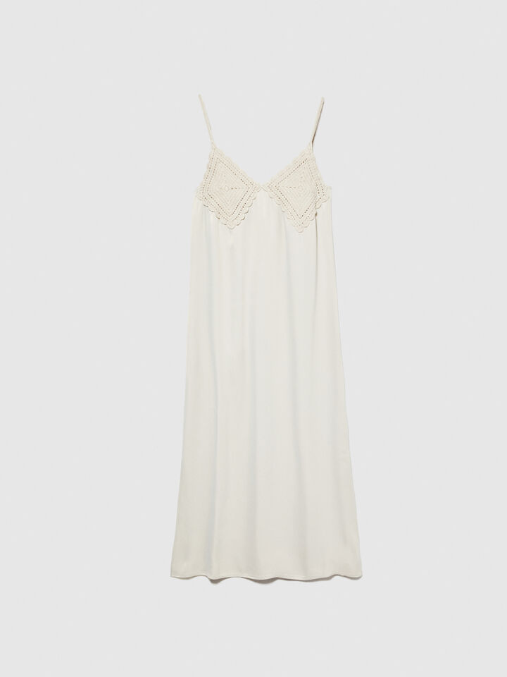 Satin dress with crochet - women's midi dresses - Creamy White | Sisley image number 6